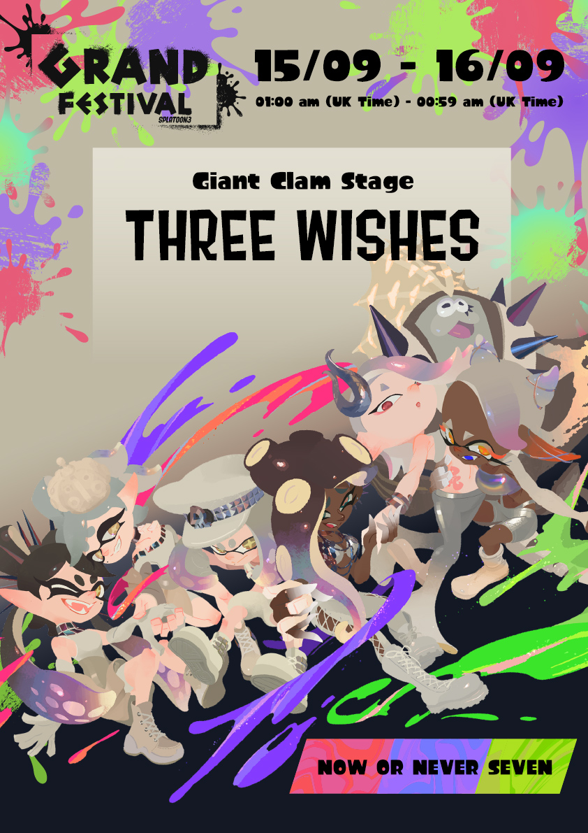 NintendoUK's tweet image. "Frye here with a BIG scoop! We got the Grand Festival set list for you. During the first part, all three groups will rotate between the three stages. And in the second part, the whole Now or Never Seven will put on a special performance! Don't miss it!" - Frye