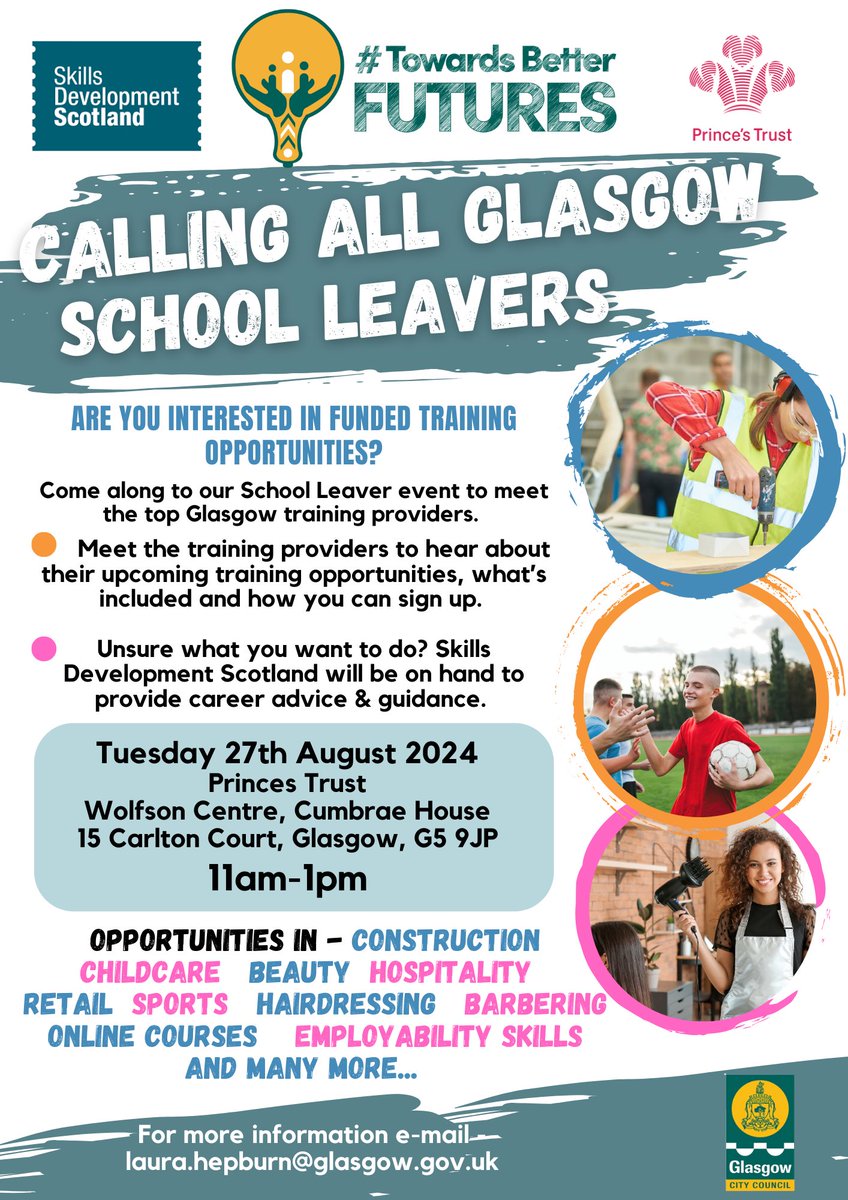 Are you aged 16-18, recently left a Glasgow school &amp; interested in training opportunities? Come along to our open day on tomorrow to meet a range of Glasgow providers to hear about their upcoming funded training programmes. All info on the pic below 😎 #towardsbetterfutures