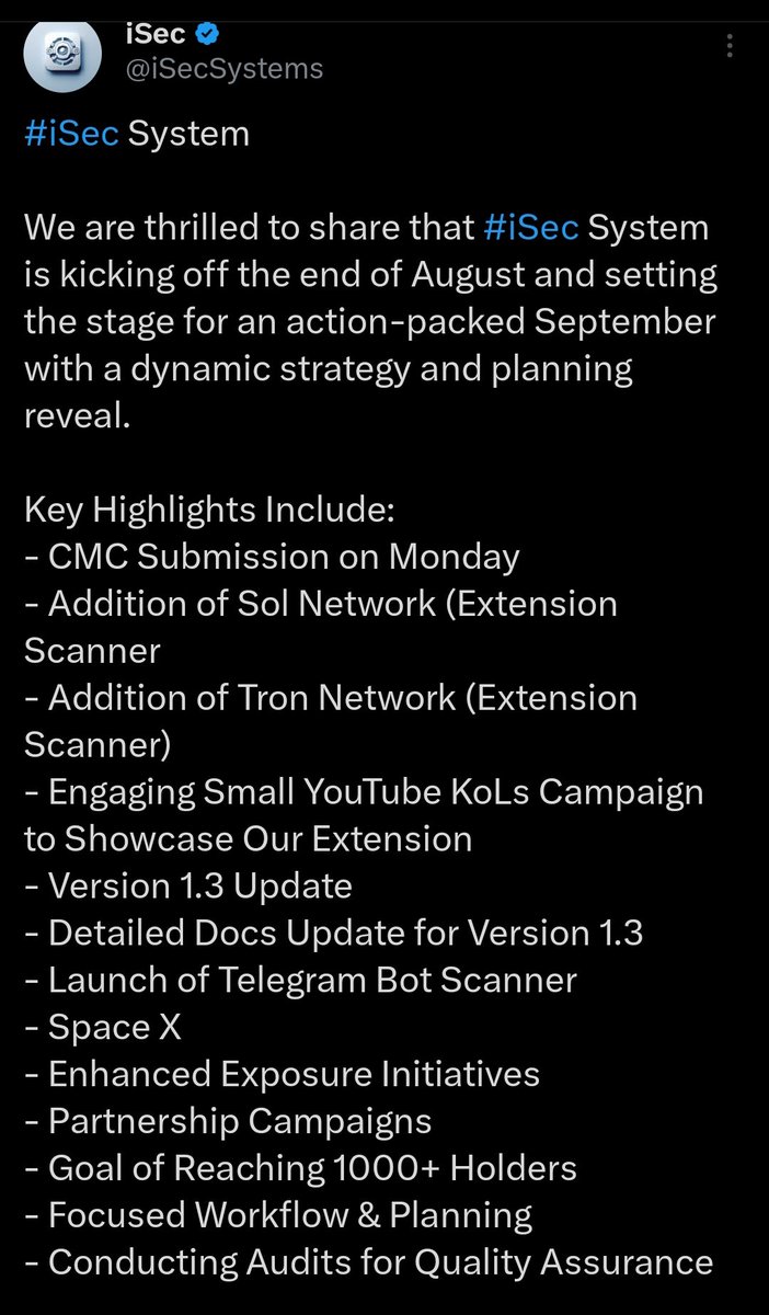 $ISEC @iSecSystems is packed with big updates for upcoming month &amp; is about to explode massively.  Like CMC submission, new network scanners, the V1.3 update, and a whole lot more in the mix, @iSecSystems is primed to crush the $1M+ mcap this time. 

Technically It's previous