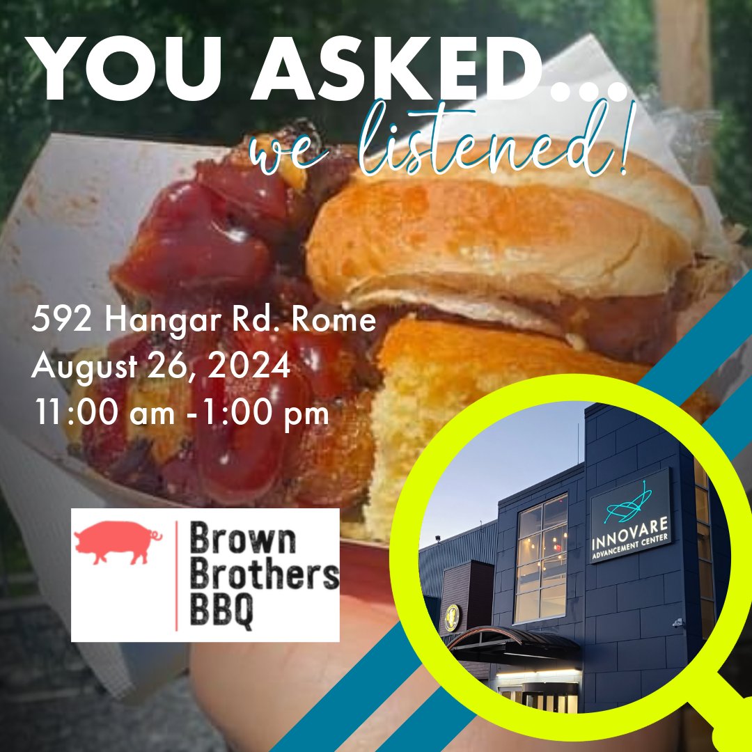 🔥 Back by Popular Demand! 🔥

Innovare is excited to welcome Brown Brothers BBQ back to our parking lot this Monday for another mouthwatering BBQ day!

⏰ When: Monday, 11 AM - 1 PM
📍 Where: Innovare Parking Lot

Don't miss out on this last taste of summer! 🌞🍖