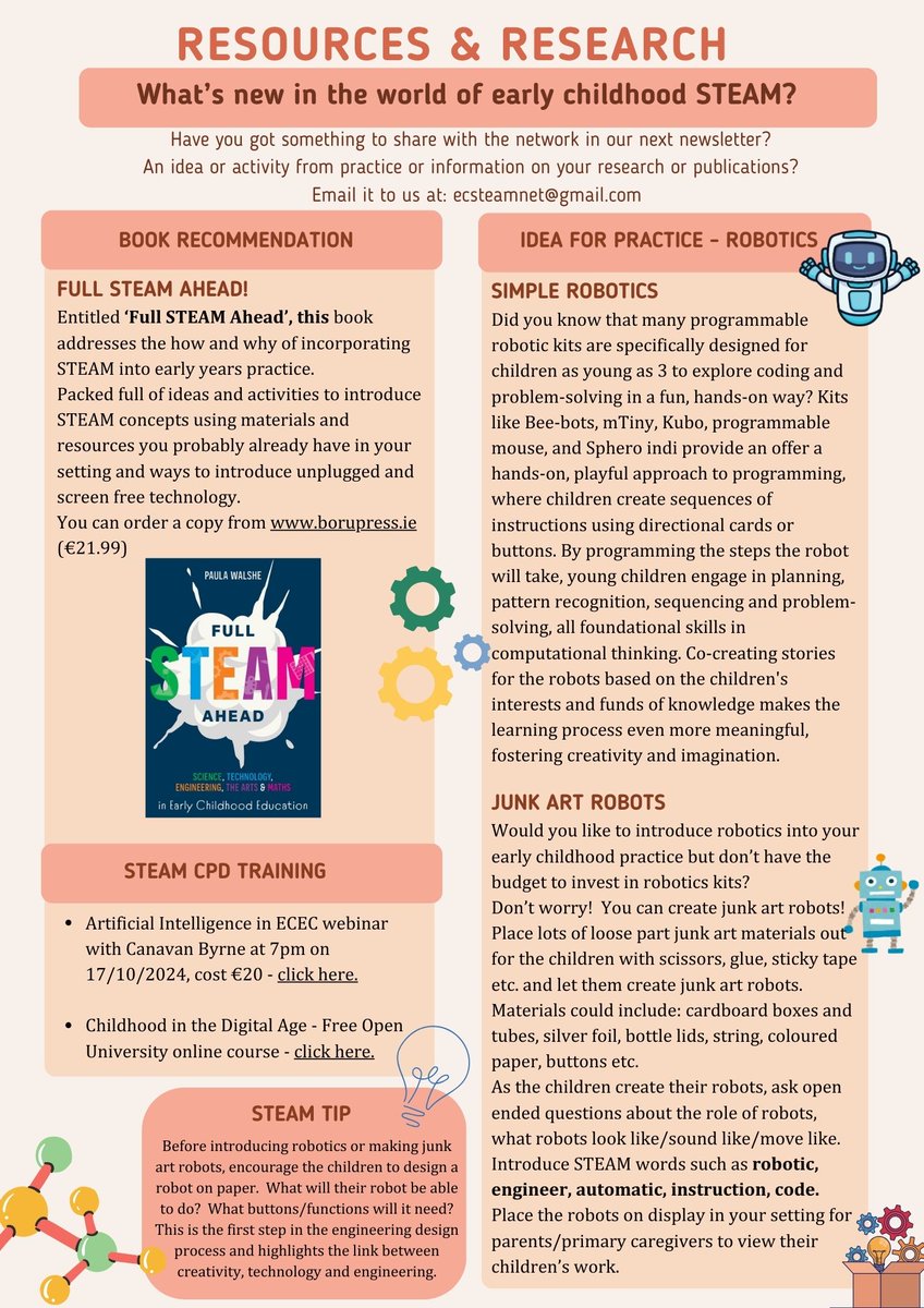 The ECTEAM Network Autumn 2024 Newsletter includes both digital and unplugged examples of exploring #robots in #earlyyears practice.  #technology #robotics #junkart #earlychildhood #STEAM #STEM #education