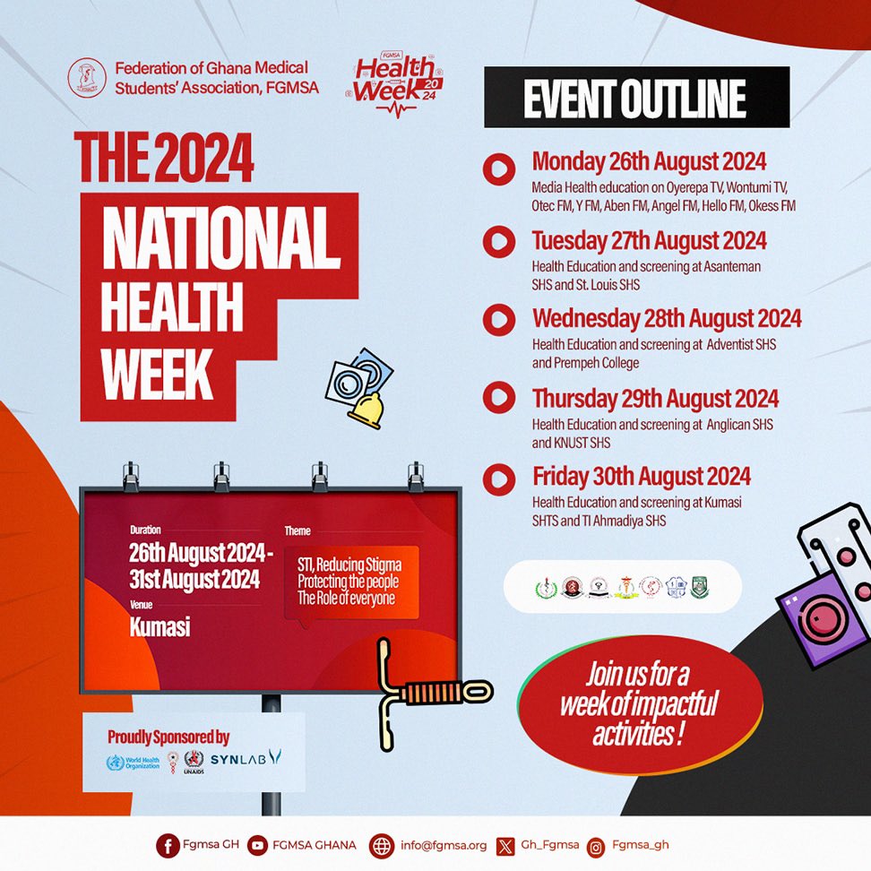 Gh_Fgmsa's tweet photo. We excited to reveal our Healthπ©Ί Week Celebration program lineup! Join us for a week filled with inspiring talks, wellness activities, and community support as we come together to promote holistic health and well-being.
Stay tuned for more detailsπ!.
#NationalHealthWeek'24 https://t.co/fuAh59xe9t