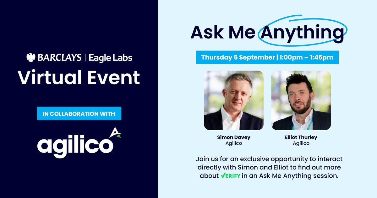 teamagilico's tweet image. We’re excited to announce that we’re joining an exclusive ‘Ask Me Anything’ virtual event in collaboration with Barclays Eagle Labs on the 5th of September.
 
Reserve your spot for free here: okt.to/761gKa

#makeworkeasy #automatedinvoiceprocessing