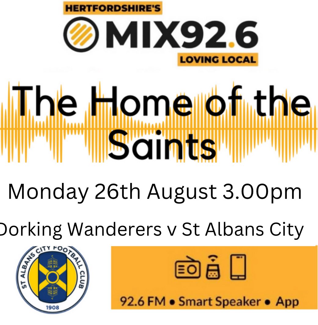 localsportsmix's tweet photo. We’ve got live Bank Holiday Football from Dorking this afternoon
We’re hoping @stalbanscityfc can kick start their season against @DorkingWDRS 
Join Callum Crowther from 2.55pm for full match commentary 92.6FM, online https://t.co/eAfbBNQHXY &amp; on Smartspeaker 
#COYS #lovinglocal https://t.co/mDngBll0fl
