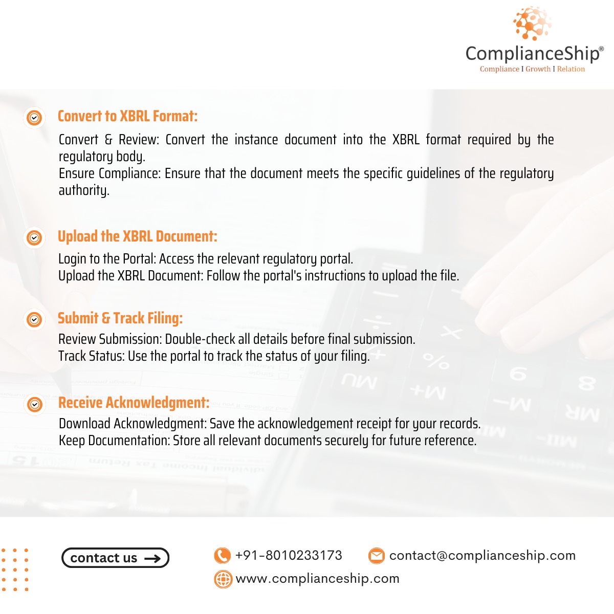 complianceship's tweet photo. Master XBRL Filing with Ease: Your Step-by-Step Guide 📚

📞 Call us: +91-8010233173
✉️ Email: contact@complianceship.com
💻 Visit our website: https://t.co/KsTtXJOEMe

#XBRL #XBRLFiling #GSTCompliance #TaxCompliance #Compliance #Taxation #GST #GSTCompliance #ComplianceShip https://t.co/q5AYpEl5Up