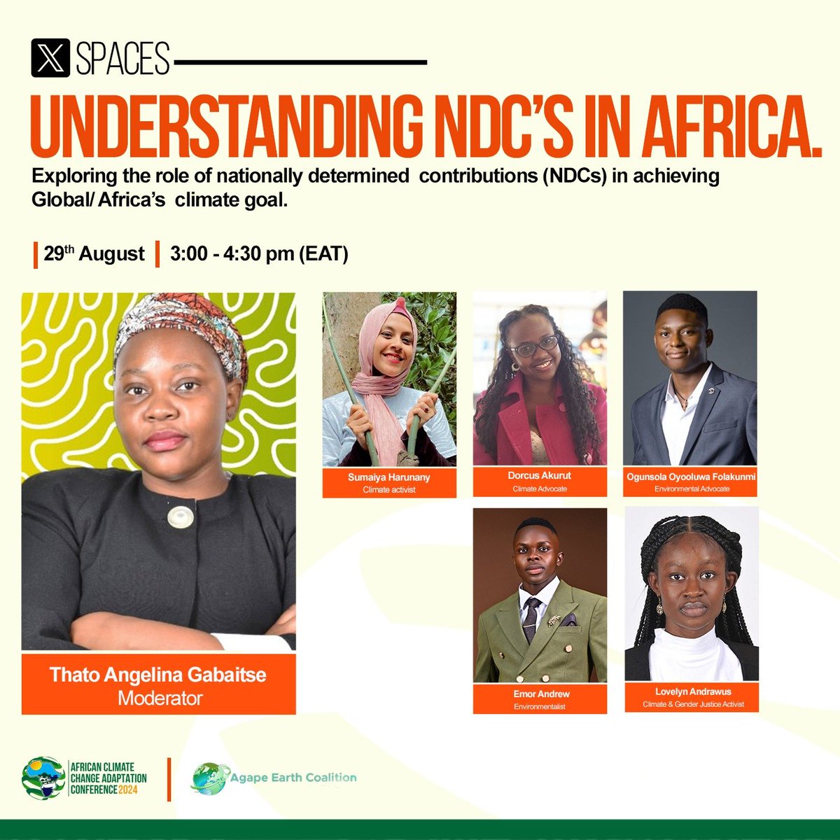Don't miss our XSpace on Thursday, 29th August, as we explore the vital role of Nationally Determined Contributions (NDCs) in achieving global &amp; Africa-focused climate goals.  
🔗 x.com/i/spaces/1LyGB…  
#ACCAC2024 #AdaptationInFocus