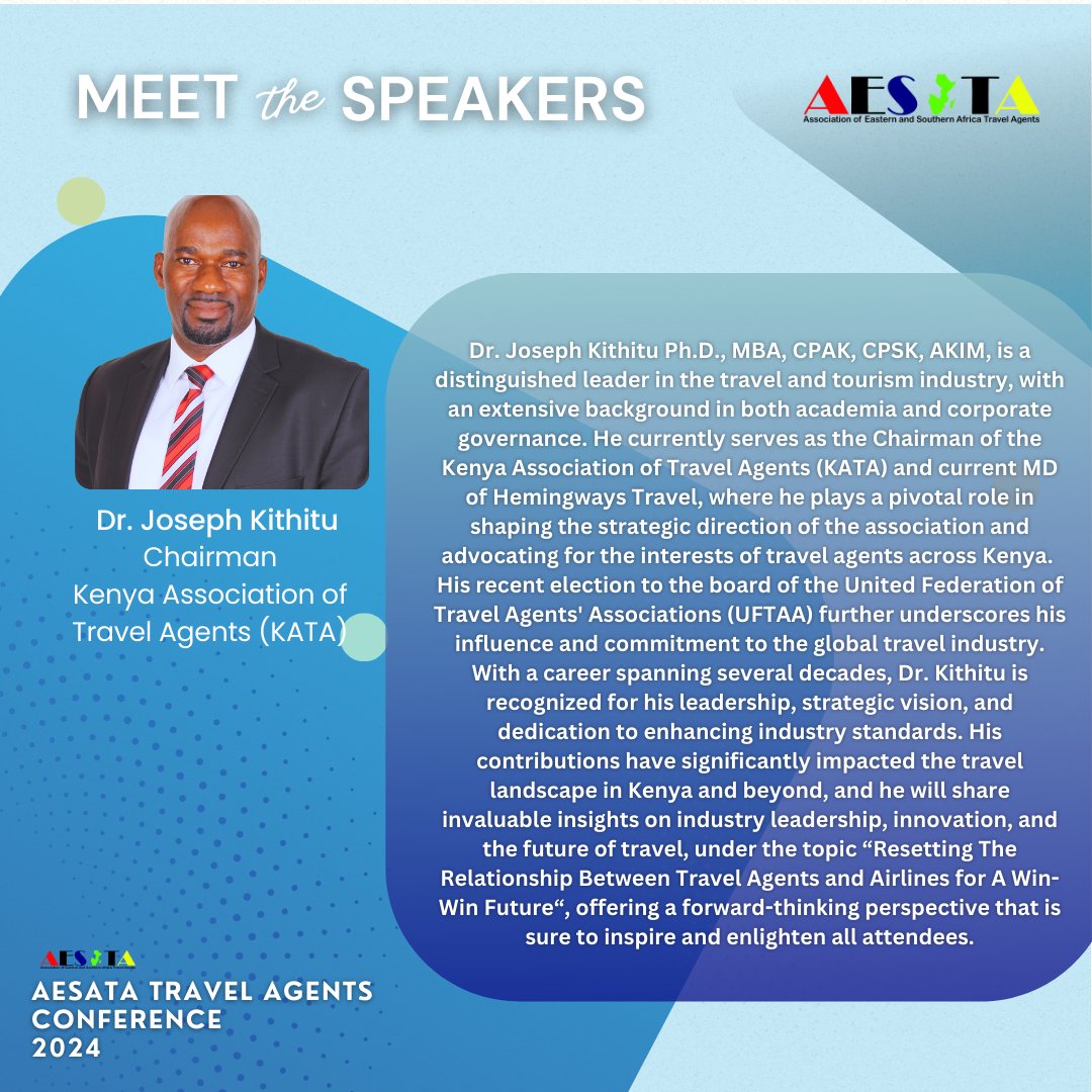 Excited to have Dr. Joseph Kithitu, Chairman of KATAKenya, speak at #AESATA2024! 🌍 With decades of leadership in travel and tourism, he’ll discuss "Resetting The Relationship Between Travel Agents and Airlines." Join us for fresh insights on 10-11 October in Kigali! ✈️ 

#Travel