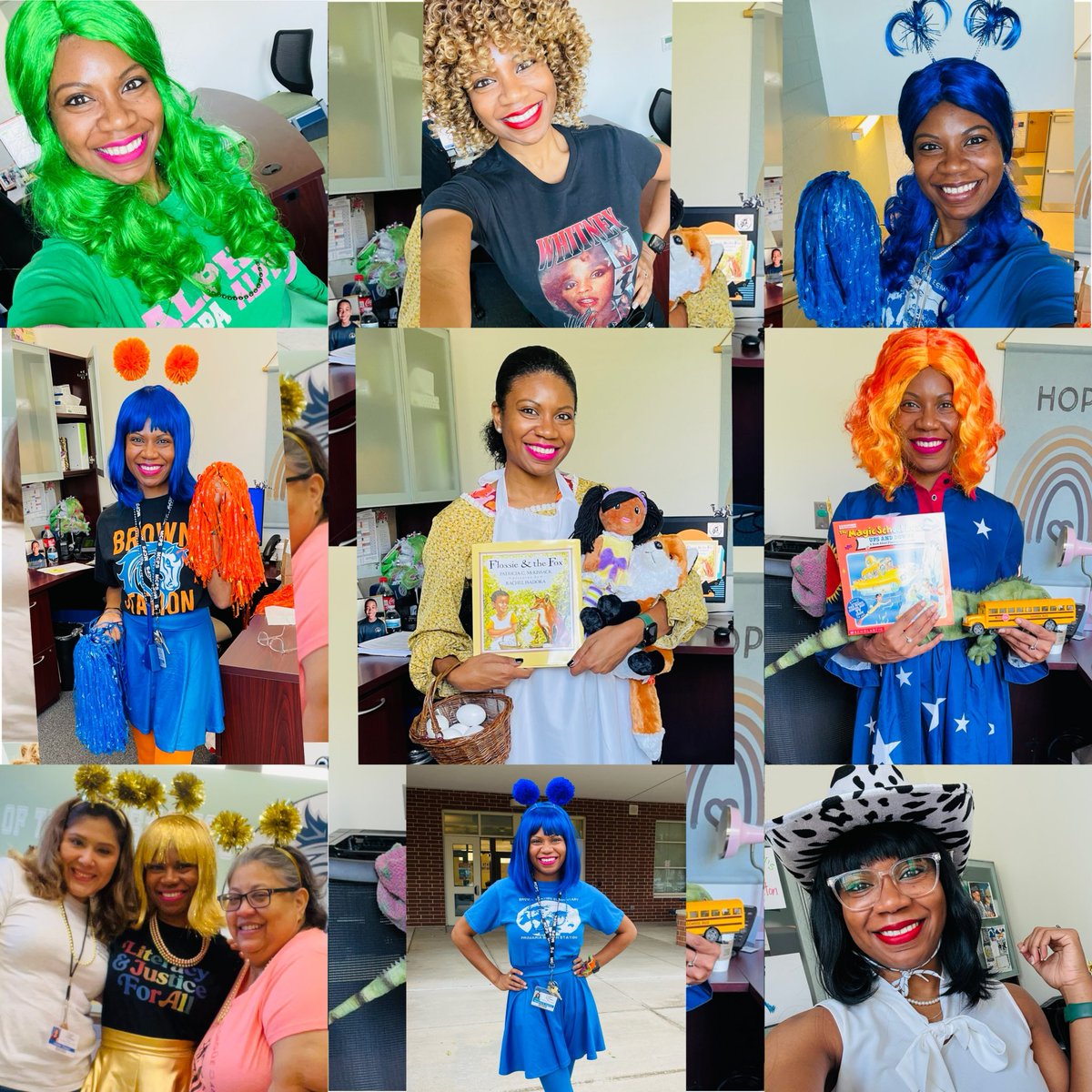 #Frizzle. #Blue. #Flossie. #Cowgirl. #Green. #Whitney. #Cheerleader...the “many hairs” I wore as a #1styear #principal. 2 think I was once a little girl afraid 2 step out of the box 4 fear of being judged or told I wasn’t good enough. #Belonging #Rigor 🦸🏾‍♀️ #Directora #Principal