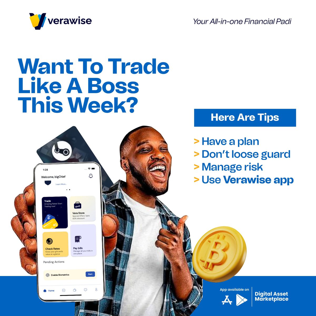 VerawiseHQ's tweet photo. @Cristiano @FalconsEsport Feel like a boss when you trade with Vera😍

Click on the link in our bio to download the Verawise App now.

#vera #verapay #verawisehq #giftcards #digitalasset #tradingplatform #cryptotrading #billspayment #trending https://t.co/liRfY8d6HF