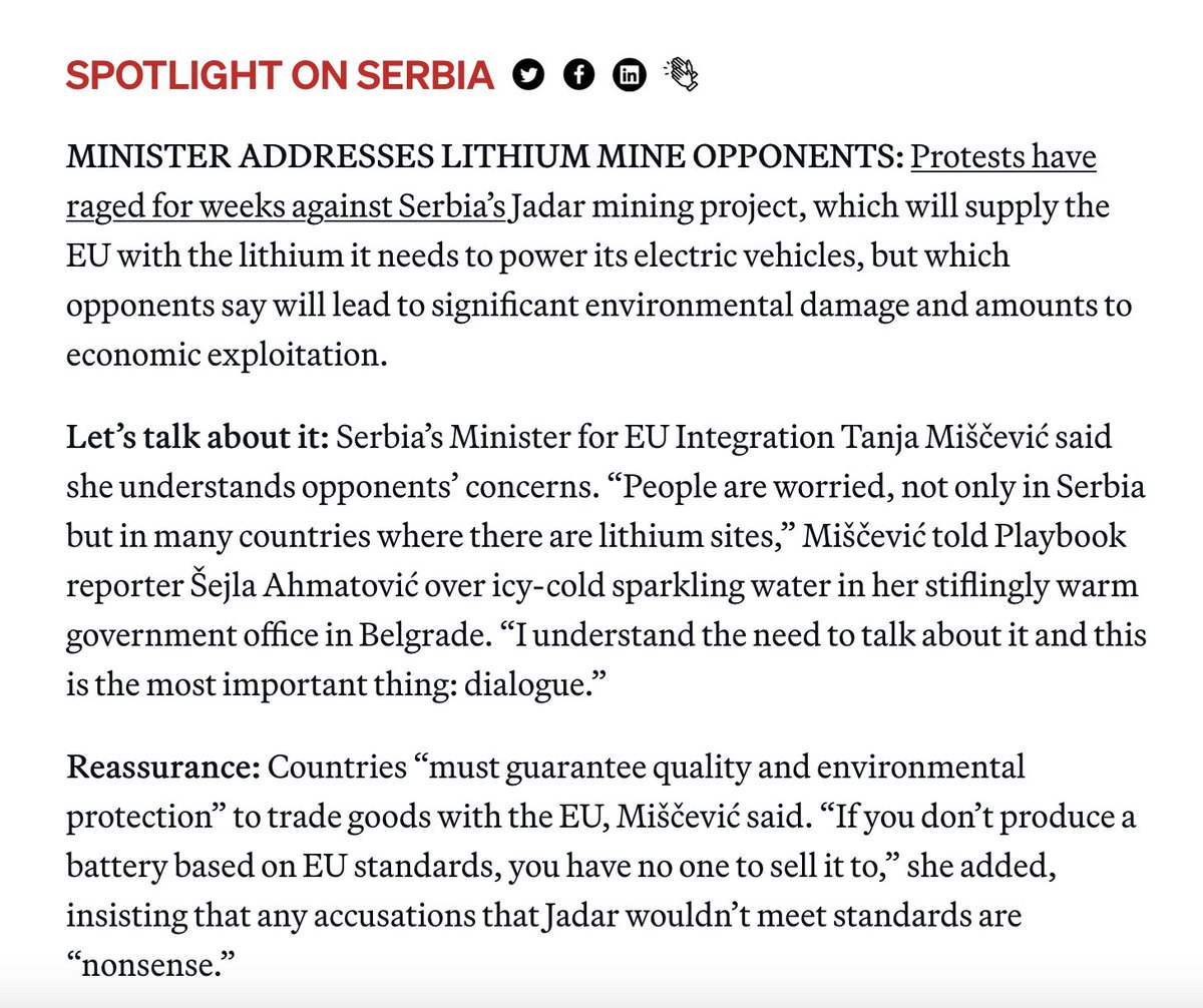Šejla Ahmatović (@contextual94) on Twitter photo With Serbia striking a lithium deal with the EU, it's time we paid more attention to the country - and the entire region. Met Serbian Minister for EU integration Tanja Miščević in Belgrade. Here's a snippet from today's Playbook. politico.eu/newsletter/bru… <a href="/MINEIsrb/">Ministarstvo za EI</a> With Serbia striking a lithium deal with the EU, it's time we paid more attention to the country - and the entire region. Met Serbian Minister for EU integration Tanja Miščević in Belgrade. Here's a snippet from today's Playbook. politico.eu/newsletter/bru… <a href="/MINEIsrb/">Ministarstvo za EI</a>