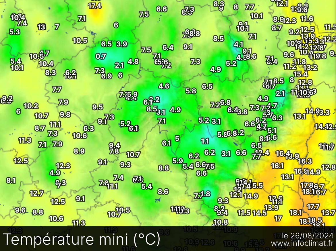 VigipreventionM's tweet photo. 🌡️{#Température}
🥶: La #matinée était bien #fraîche dans les 3/4 #Nord de la #France. Les #températures ont souvent été d'un seul chiffre.
🥶3,5°C à #Aubusson (23)
🥶3,9°C à #Pontarion (23)
🥶4,1°C à #Chaillac (36)
🥶4,2°C à #SaintLoupSurAujon (52)
🥶4,3°C à #Auberive (52)
ville:
🥶5,3°C à #Aurillac (15)
🥶5,5°C à #Nevers (58)
🥶6,1°C à #Reims (51)
🥶6,2°C à Le #Puy (43) (832M)
🥶6,4°C à #SaintÉtienne (42)
Quelques légères #gelées ont eu lieu au-dessus de 1000M sur le #MassifCentral notamment.
🥶-0,5°C à #Grandrieu (48) ( 1171 m )