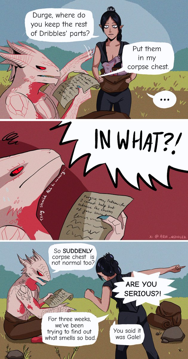 Aria_niziolek's tweet image. Durge trying to make out what this letter is about while she's talking about bullshit. 
What do you store in your corpse chest?
#BaldursGate3 #DarkUrge #Shadowheart #Durge
