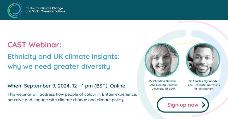 Why do we need greater diversity in UK climate insights? 

Join <a href="/CAST_Centre/">CAST</a> for their free online webinar on how people of colour in Britain experience, perceive and engage with climate change and climate policy.

Sign up now: buff.ly/3Ay8kCg