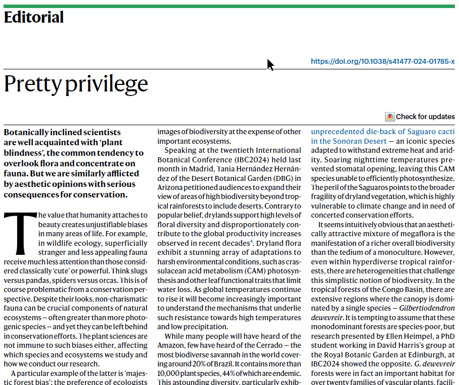 New Editorial: "Pretty privilege" rdcu.be/dR0Gh

Botanically inclined scientists know about plant blindness, the common tendency to overlook flora and concentrate on fauna. But we are similarly afflicted by aesthetic opinions with serious consequences for conservation.