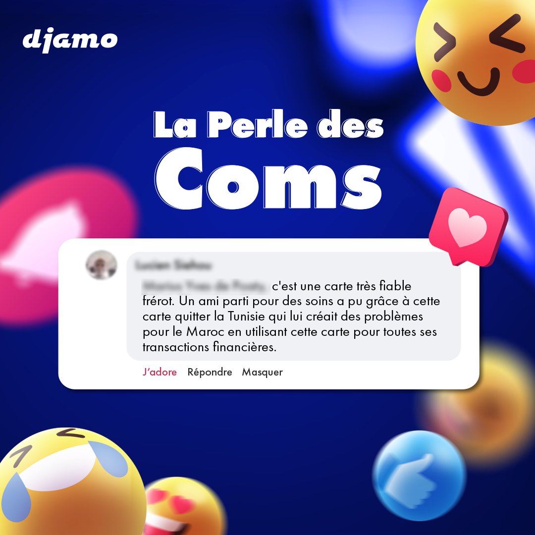 La carte Djamo est votre meilleur compagnon de voyage ! 🚀

🔐Sécurité maximale
🏧Retraits au guichet sans souci
💸Paiements fluides à l'international