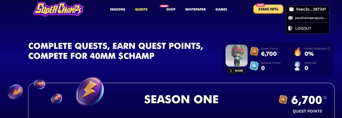 AxU_Paula's tweet photo. Just wrapped up some quests on the Super Champs Questing Platform! 🏆 The challenges were engaging and pushed my skills to the next level. Loving the experience so far!

$CHAMP #YGGxBulletLeague #YGGGAPS6 @YieldGuild @SuperChampsHQ https://t.co/AHdpXVw90o