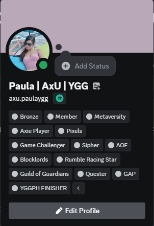 AxU_Paula's tweet photo. Just earned the YGGPH Finisher role in the YGGPH Discord and completed the "Welcome to YGG PH" quest!

@YieldGuild @yggpilipinas #YGGGAPS6 #YGGPH https://t.co/nV8BY1SyCM