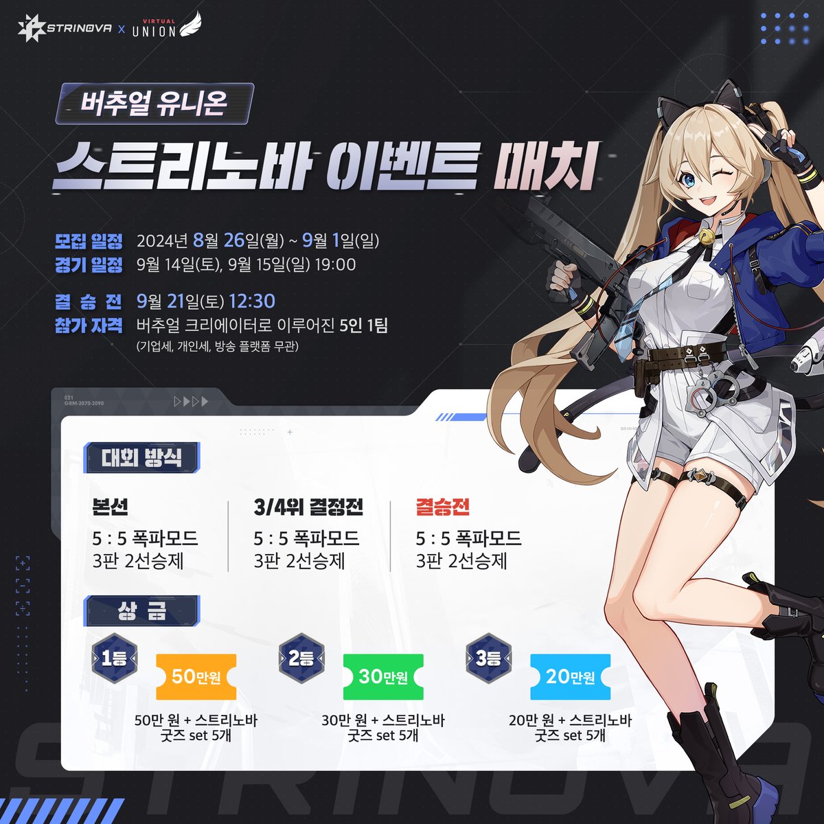 virtual_union's tweet photo. 《’스트리노바’ 이벤트 매치 참가 모집 안내》

──버츄얼을 하나로 잇다.
안녕하세요, 버츄얼 유니온(Virtual Union)입니다.

버츄얼 크리에이터 여러분들을 대상으로 한,
총 200만원 상품 규모의 ‘스트리노바(Strinova)’
이벤트 매치 참가자 모집이 시작되었습니다.

상세 내용은 첨부된 이미지 및,
참가 신청 폼을 참고해 주시면 감사하겠습니다!

본 대회는 버츄얼 유니온 소속 크리에이터분들과 함께합니다.

🥊참가 신청 폼 
https://t.co/1p53HczTLd

‼️ 팀 구성의 경우, 랜덤으로 구성되는 형식에서 자율적으로 5인 팀을 구성 및 신청하는 형식으로 변동되었습니다 ‼️

📍유의 사항
·대회 내용은 버츄얼 유니온의 마스코트이자 MC, '윤이온(@virtual_Yunion)'의 공식 아프리카 채널에서 생중계됩니다.
·결승전은 09.21(토) 12:30 시각에 제2회 브이페스티벌 무대에서도 송출될 예정입니다.
·총 모집 인원은 20명(4팀)으로, 참가 신청 인원 초과 시 참가자 추첨 및 모집 인원 수가 변동될 수 있습니다. 
·버츄얼 크리에이터 5인이 1팀을 구성하는 형식이며, 대표자분께서 자체적으로 팀 구성 이후 참가 신청 폼을 통해 신청해 주시기 바랍니다.
·확정된 참가자 전원을 대회 안내용 디스코드 서버에 초대드릴 예정입니다.
·스트리노바는 현재 글로벌 정식 런칭이 이루어지지 않은 게임이므로, 대회는 별도의 클라이언트를 통해 진행될 예정입니다.

📡스트리노바 공식 라운지
 https://t.co/UNKKMxV8vD
📡제2회 브이페스티벌 티켓팅
https://t.co/UxkvO09Os7

===============================
경기 종목: 스트리노바(Strinova)
사회 진행: 윤이온(@virtual_Yunion), 황블린(@Gold_G_blin)
대회 협찬: 스트리노바(@Strinova_KR)

모집 일정: 08.26(월) ~ 09.01(일)
결과 발표: 09.03(화)

경기 중계: '윤이온' 아프리카 공식 채널https://t.co/HUqoSgwk3m
===============================
