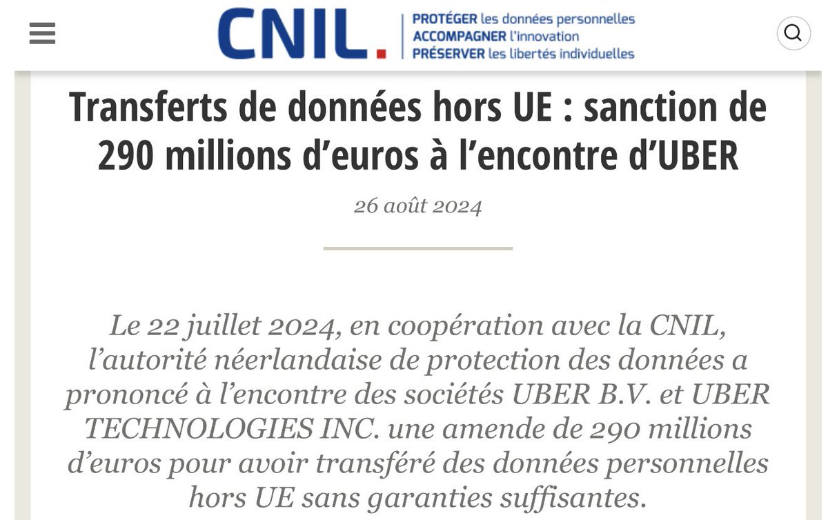 Protection des données personnelles : A l’initiative de la <a href="/LDH_Fr/">LDH France</a>, une amende record de 290 millions d’euros a été prononcée contre <a href="/Uber/">Uber</a>.

Et ce, pour avoir transféré de façon illicite de données personnelles (des utilisateurs) hors de l’Union européenne.

En violation du RGPD.