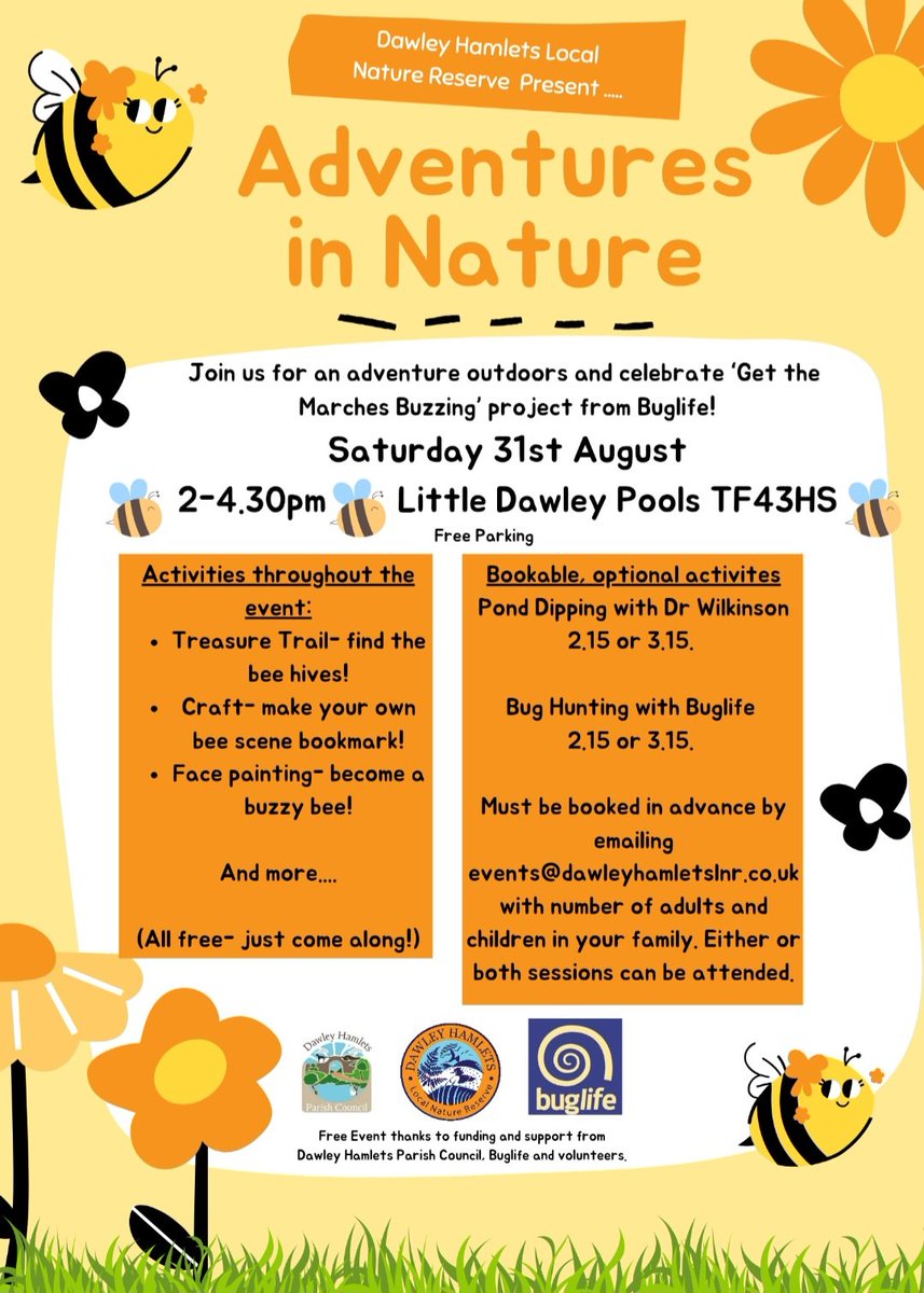 Buzz_dont_tweet's tweet photo. Are you joining our #GetTheMarchesBuzzing team at @DawleyLocal for "Adventures in Nature"?

🗓️ Saturday 31 August 
🕐 14:00-16:30
📌 Little Dawley Pools, TF4 3HS

ℹ️ All events are free, booking is required for Bug Hunting with Buglife from 14:15 (details below)

#GtMB https://t.co/b1vNEsOv7m