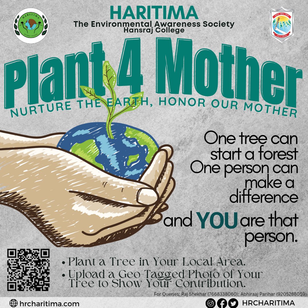 hrcharitima's tweet photo. 🌱 Join the #Plant4Mother initiative by India’s Prime Minister, facilitated by Haritima of Hansraj College. Scan the QR code and participate in creating a greener future. Let’s nurture Mother Earth together! 🌍💚 #GreenIndia #Haritima #Sustainability #GoGreen https://t.co/OhWXuzww9L