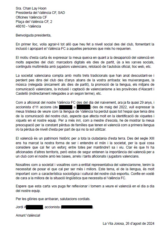 Tino_Antonelo's tweet photo. Carta a la presidenta Lay Hoon Chan, feta arribar ahir de manera telemàtica i hui per correu postal, arrel de la desaparició del valencià en molts aspectes del dia a dia d'una institució com el nostre club. @MiguelVCF_ @pacolloret_ @pacopolit @VCFLegal @viachers @ColPenyesVCF https://t.co/AsqMgnkjNh