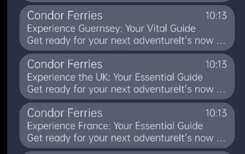 So. Condor.
Why an email about France where I'm not going?
Why no email about Jersey where I'm also not going?
Why are the guides for the UK and France essential but the one for Guernsey is VITAL !