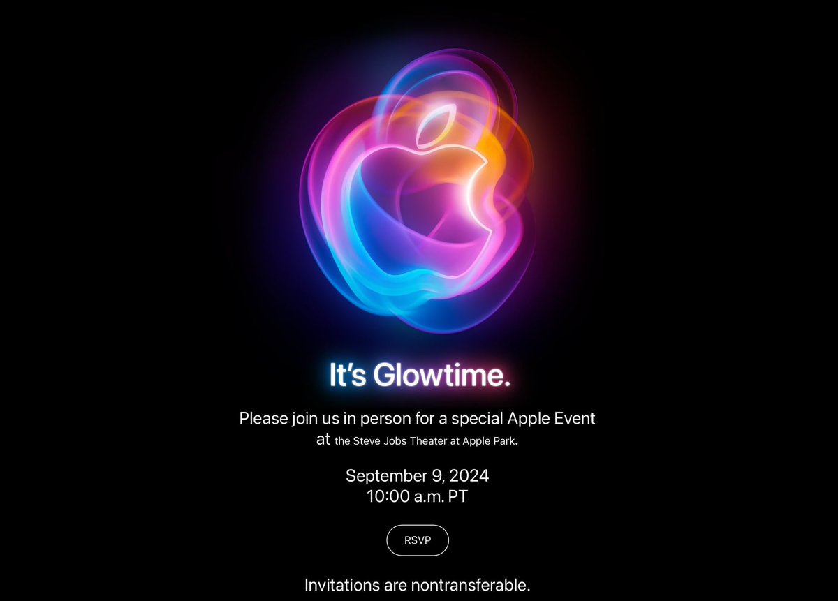 appleinsider's tweet photo. It’s Glowtime

#Apple Event confirmed for September 9th, 2024! ✅

Are you excited?👀 https://t.co/fQWVnBgWu3