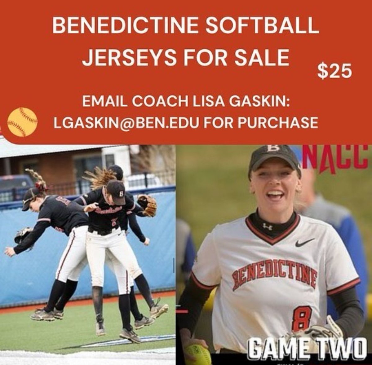 ❗️ATTENTION ALL BENU SOFTBALL FANS❗️
Our very own Benedictine softball jerseys, worn by our players, are available to purchase for $25. They are going fast so get them while you can❤️