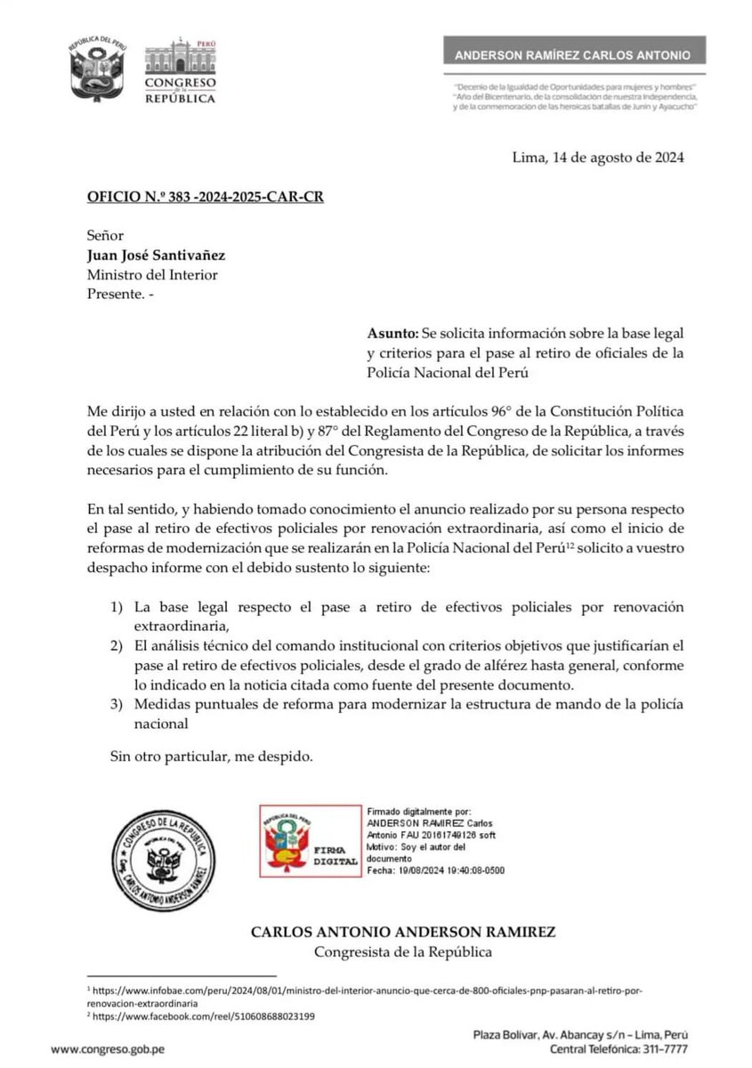 He solicitado al Sr Santivañez información sobre decisión de  dar de baja a policías “por renovación extraordinaria”. Imagino que no contesta por estar “demasiado ocupado” tratando de desbaratar audios que revelarían que desaparecer a la DIVIAC fue ante todo una decisión política