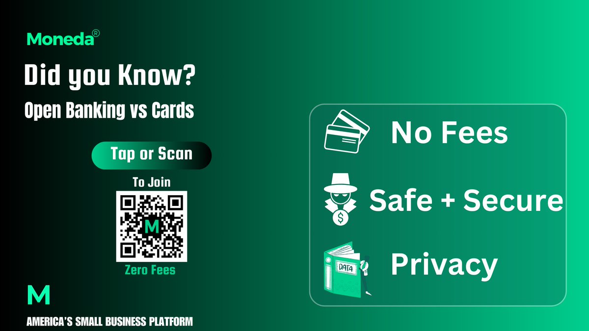 In a world where America's Small Businesses, Governments and Non-Profits are looking for efficiency, open banking innovations can be the answer to solve their problems.

Join Moneda® today: monedaapp.com

#innovation #finance #SmallBusiness #swipefees