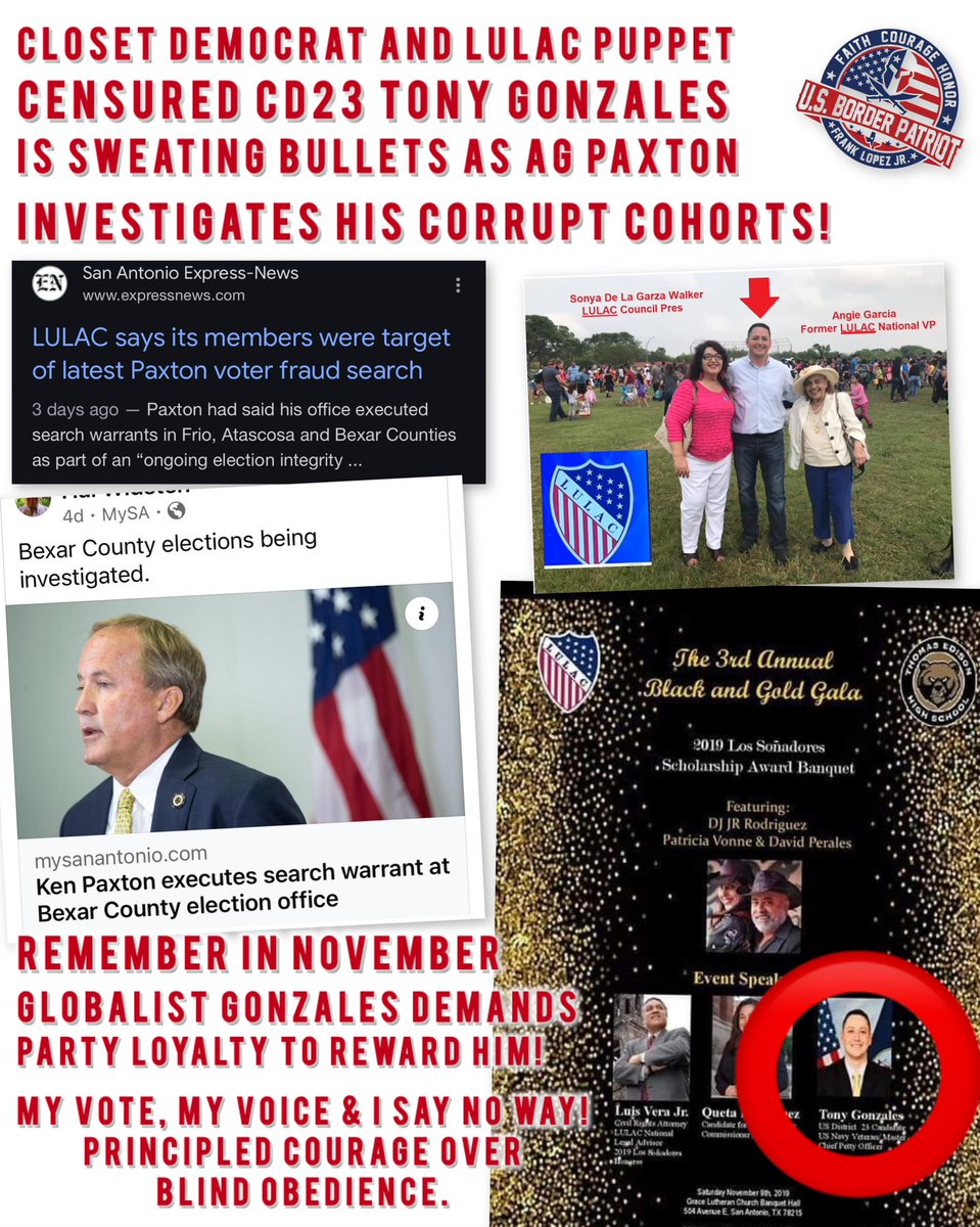 usborderpatriot's tweet photo. Cue the bleating sheeple… LULAC is running scared Texas Attorney General @KenPaxtonTX is on their trail! And so is @TonyGonzales4TX  because the AG will connect the dots leading to Congressman Gonzales and his stolen elections in CD23! 👇link👇

https://t.co/f82VzdT4Ig https://t.co/kkbiRimES8