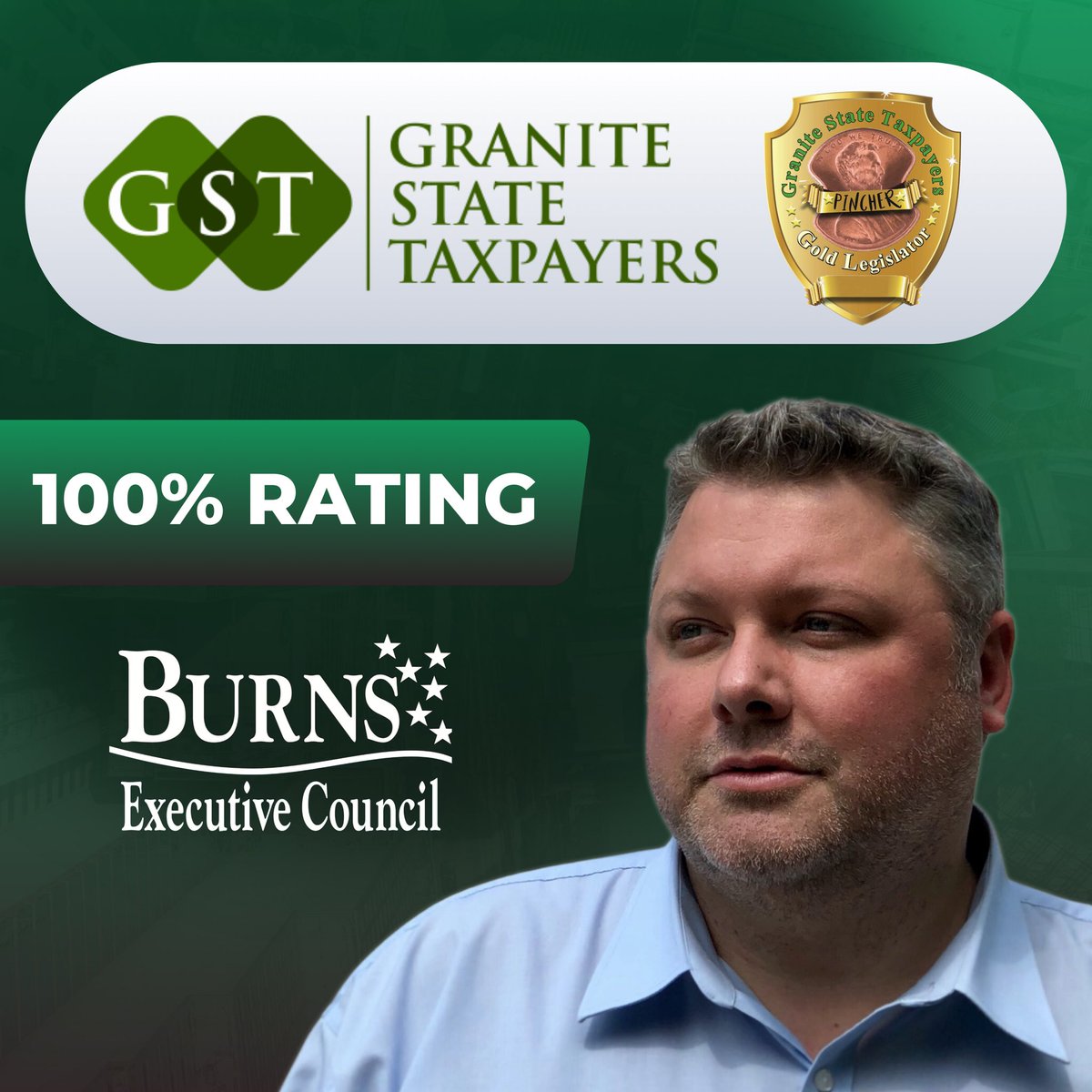 I'm proud to have earned a 100% rating from Granite State Taxpayers! On the Executive Council, I will be a champion of the taxpayers and will oppose any and all efforts to increase taxes. GST protects the rights of New Hampshire taxpayers by advocating for balanced budgets