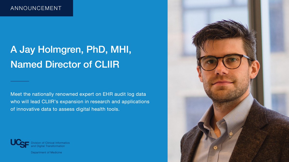 UCSF DoC-IT (@ucsf_docit) on Twitter photo We are thrilled to announce that @UCSF_DoCIT has named <a href="/AJHolmgren/">A Jay Holmgren</a>, PhD, MHI, as director of <a href="/CLIIR_UCSF/">CLIIR-UCSF</a>. Please join us in congratulating Dr. Holmgren, a renowned expert and researcher on the impact of IT and digital tools on healthcare. Read more: docit.ucsf.edu/news/jay-holmg… We are thrilled to announce that @UCSF_DoCIT has named <a href="/AJHolmgren/">A Jay Holmgren</a>, PhD, MHI, as director of <a href="/CLIIR_UCSF/">CLIIR-UCSF</a>. Please join us in congratulating Dr. Holmgren, a renowned expert and researcher on the impact of IT and digital tools on healthcare. Read more: docit.ucsf.edu/news/jay-holmg…