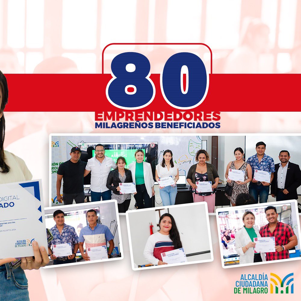 ✅ 80 emprendedores milagreños se capacitaron en marketing digital, potenciando su visibilidad y conexión con su audiencia para un crecimiento sostenible. 

#EsteMilagroLoHacemosTodos 🤝
#ElMilagroDelDesarrollo