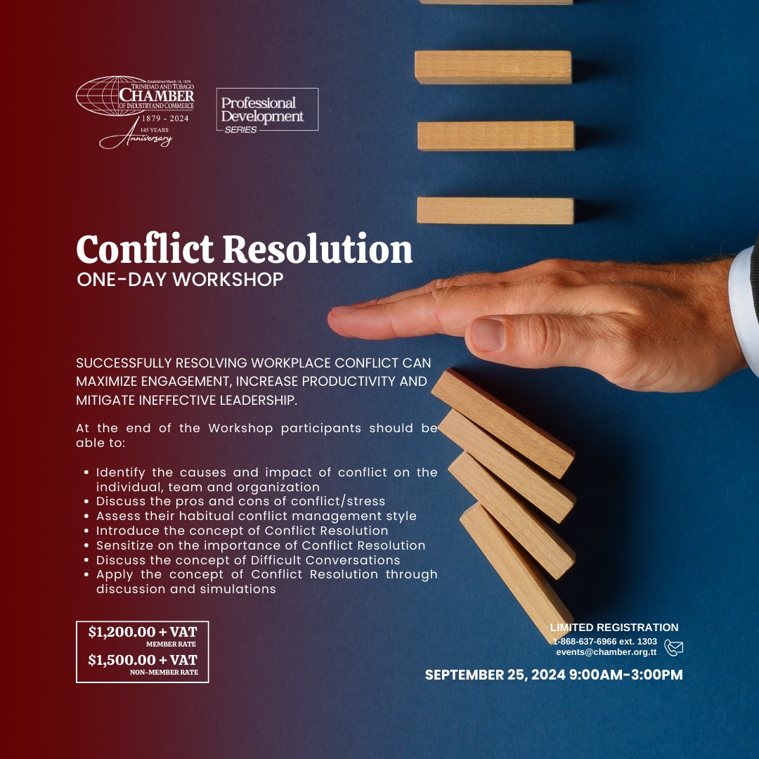TTChamber's tweet photo. 🤝Settle workplace conflict to maximize engagement, increase productivity and mitigate ineffective leadership.

It starts with our #ProfessionalDevelopmentSeries Workshop on Conflict Resolution. Sign up at the link:https://t.co/y2pseWxv1A https://t.co/UePpQ7c910