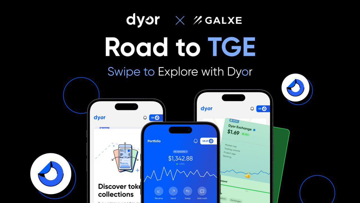 🪂 New Airdrop: Dyor Exchange 
🔗 Link: tinyurl.com/DyorGalxe17

💎 Reward: Share of pool
🏆 Winners: Top 1,000 Participants + 1,000 Random 
📅 Distribution: After TGE 

📢 #Airdrop #AirdropAchiever #Crypto #Blockchain #FreeTokens #BTC #Zealy #gleam #Bybit #Bitget #MEXC #Doge