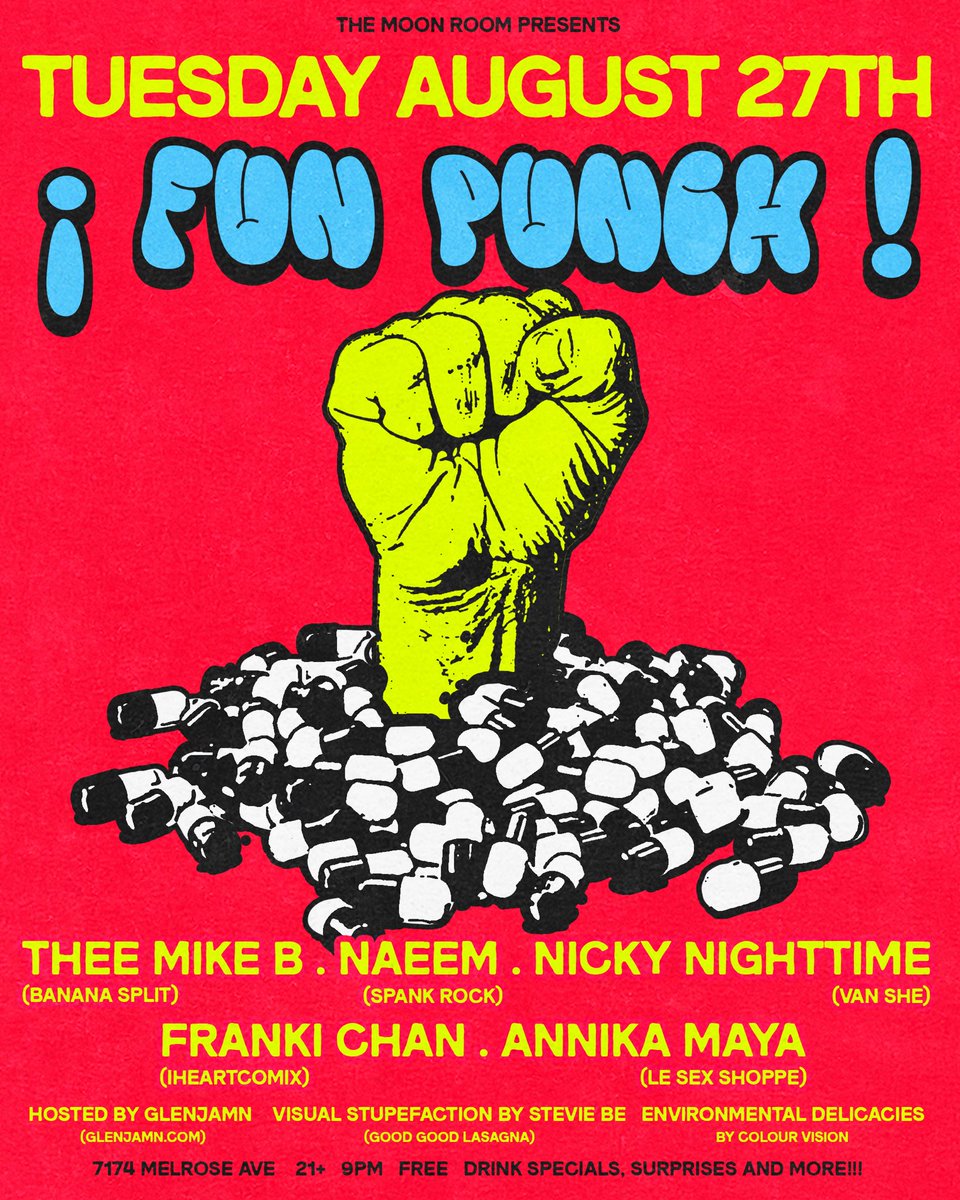 This TUES Aug 27 there’s only one party worth going too. Things gonna be FUN! <a href="/glenjamn/">glenjamn</a> <a href="/frankichan/">Franki Chan</a> <a href="/NAEEMmusic/">N/A/E/E/M</a> <a href="/COLOURVISION/">colours ‘87</a> <a href="/steviebe88/">Stevie Be</a> #annikamaya Join us at #moonroommelrose art by Baby J