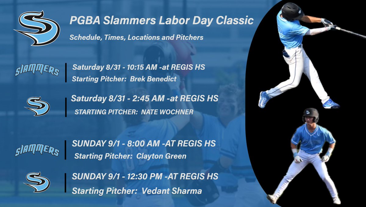 Tony Gilio (@tonygilio) on Twitter photo PGBA Slammers Labor Day Classic
Pool Play Starting Pitchers
Gm1: <a href="/BrekBenedict25/">Brek Benedict</a>
Gm2: <a href="/NWochner06/">Nate Wochner</a>
Gm3: <a href="/Clayton2Green/">Clayton Green</a>
Gm4: <a href="/vedant_sharma42/">Vedant Sharma</a> PGBA Slammers Labor Day Classic
Pool Play Starting Pitchers
Gm1: <a href="/BrekBenedict25/">Brek Benedict</a>
Gm2: <a href="/NWochner06/">Nate Wochner</a>
Gm3: <a href="/Clayton2Green/">Clayton Green</a>
Gm4: <a href="/vedant_sharma42/">Vedant Sharma</a>