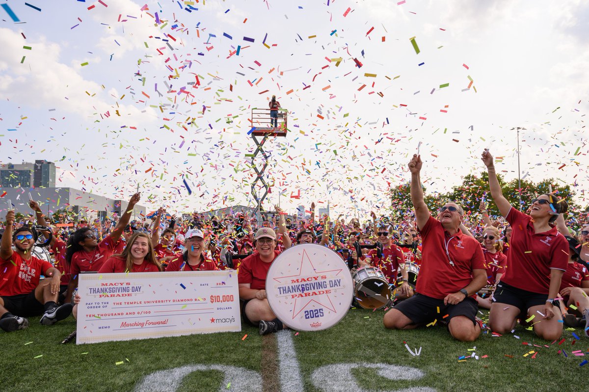 TempleUniv's tweet photo. Congratulations to the Temple University Diamond Marching Band @TempleBands who was selected to perform in the 2025 Macy's Thanksgiving Day Parade, coinciding with the 100th anniversary of the band!
 
Can't wait to see our Owls shine in NYC 🎉🥁 #TempleProud https://t.co/lcOUb7brwb