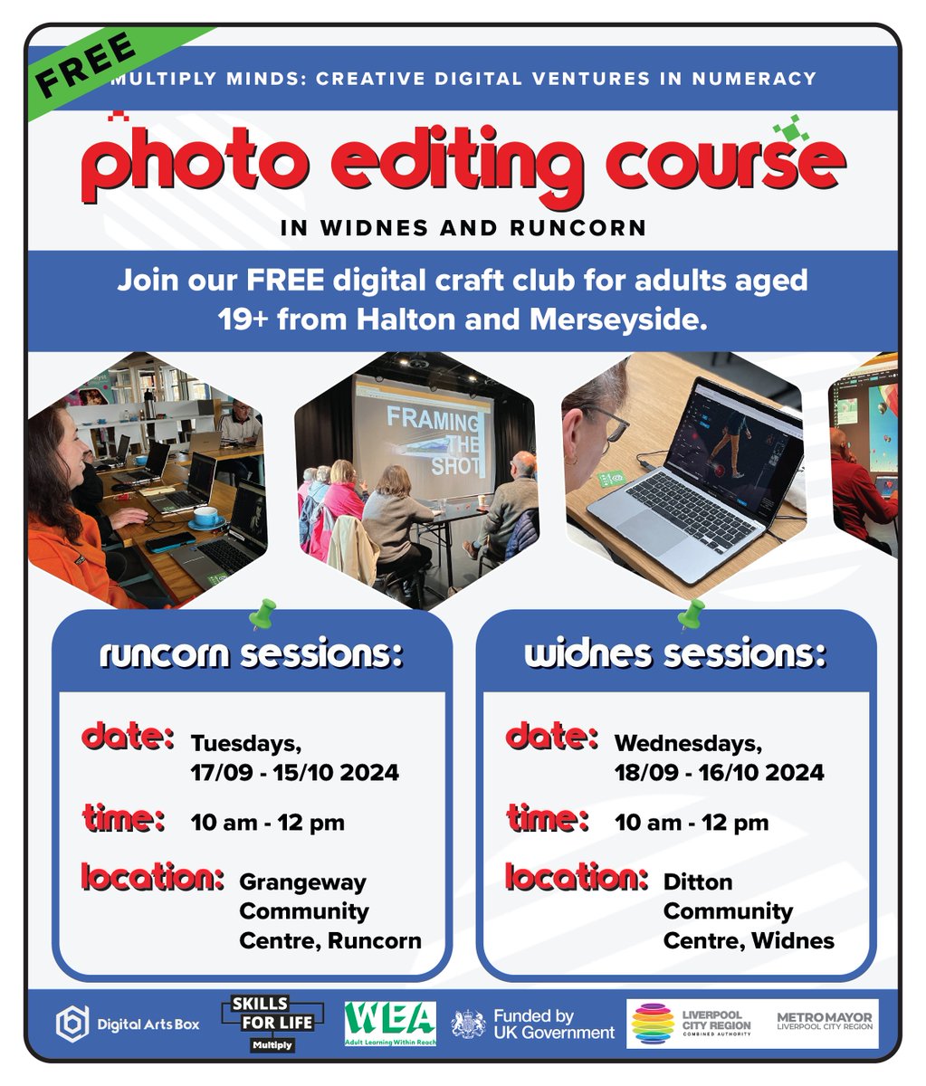Unlock your creativity with our FREE 5-week photo editing course 🎨📸

Learn essential techniques such as retouching, layers and more in a small, relaxed groups.✨

This club is for adults aged 19+ in Halton or Merseyside who don’t have a maths GCSE at grade C (Grade 4) or above.