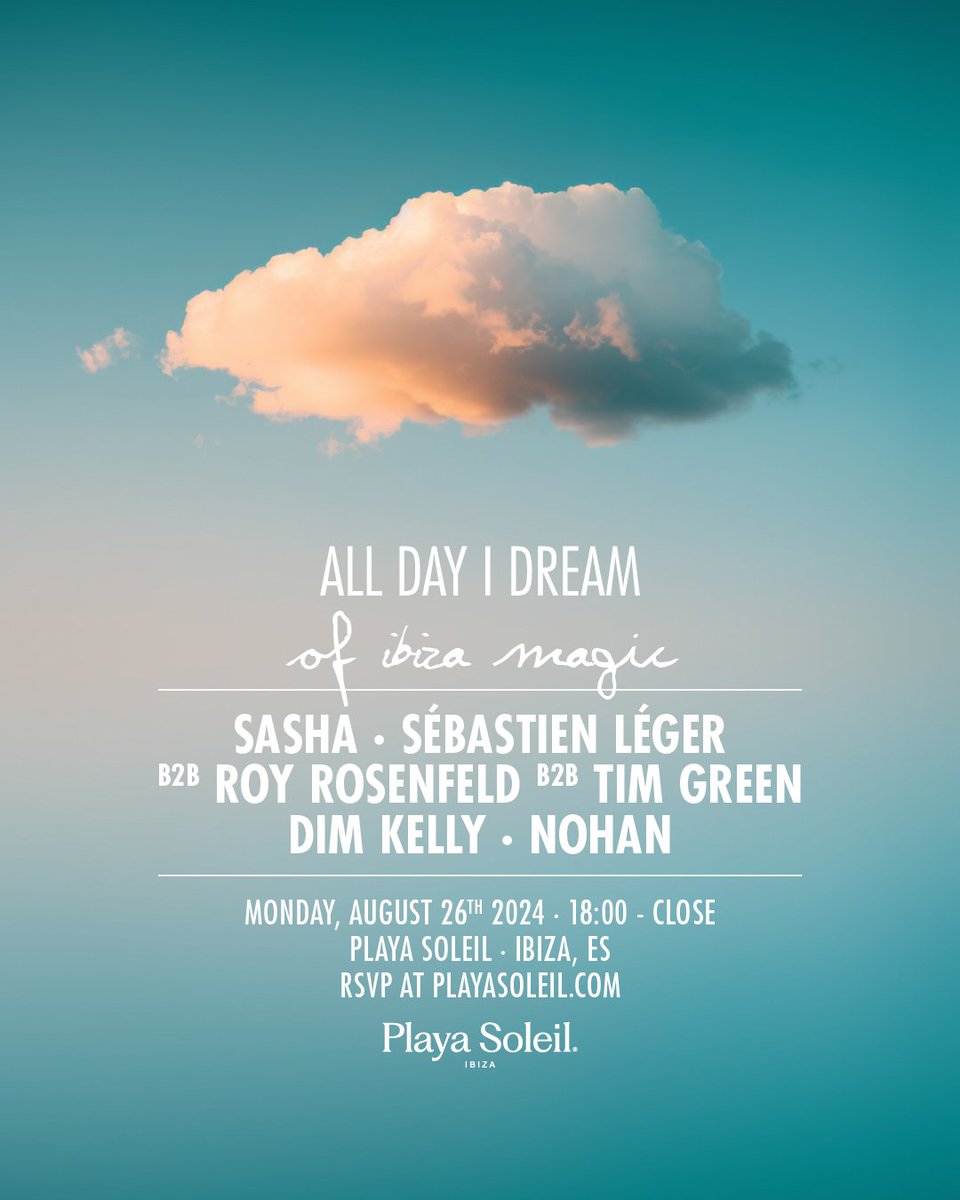 See you soon! <a href="/AllDayIDreamOf/">All Day I Dream</a> <a href="/playasoleilibz/">playasoleilibiza</a> 
Guest list: bit.ly/3Xei2Tz