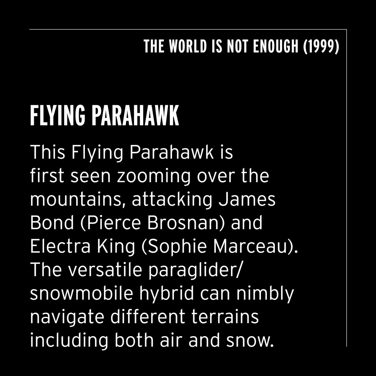 IntlSpyMuseum's tweet image. It’s a paraglider! It’s a snowmobile! It’s…both!

Meet the Flying Parahawk, a versatile paraglider/snowmobile hybrid that navigates different terrains. 

#BondInMotion exhibition. 

@007 | 007.com