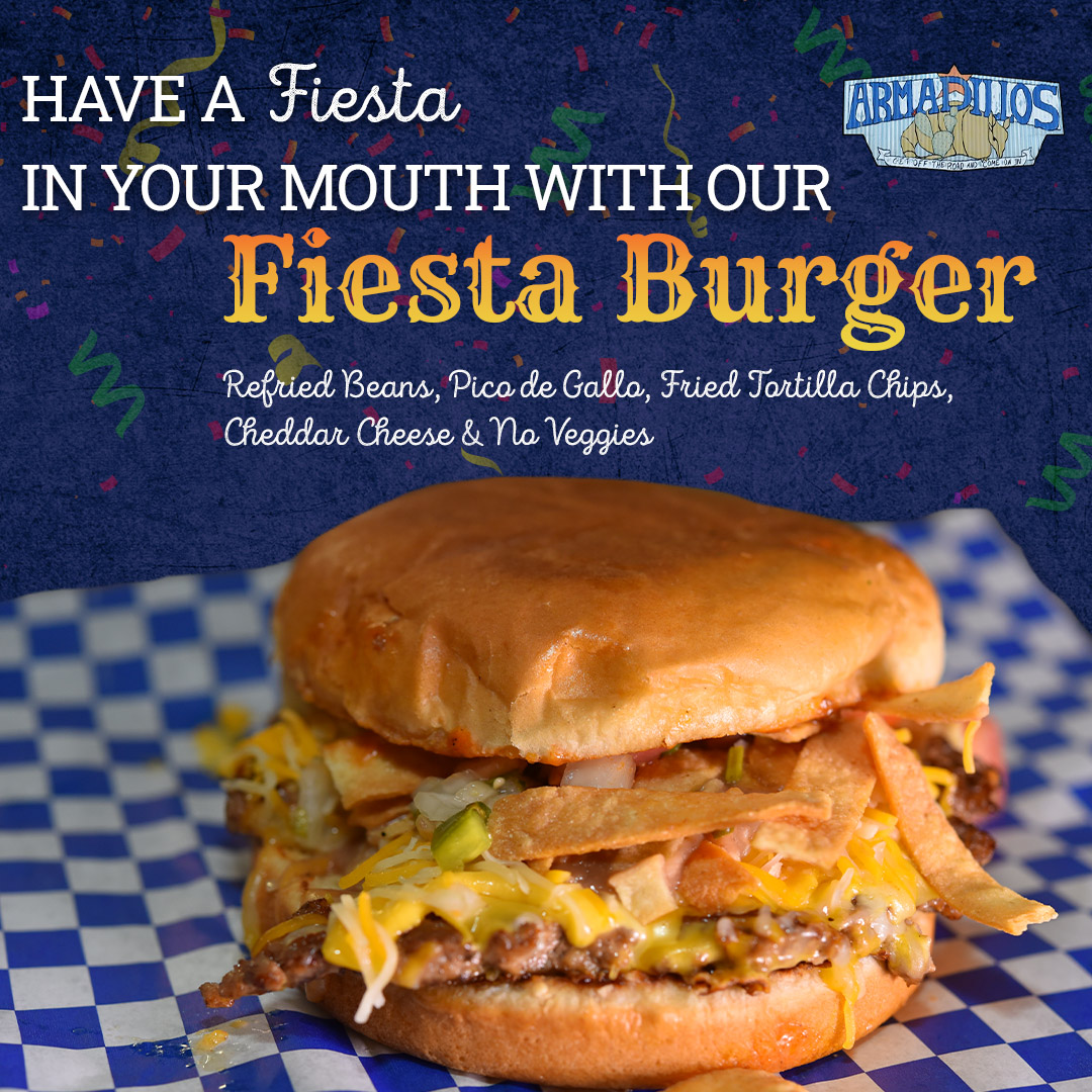 ArmadillosSA's tweet photo. We celebrate Fiesta all year with our FIESTA BURGER!🍔🎊
https://t.co/NCqJCCxrlf
#Armadillos #FiestaBurger #DeliciousBurger #Hamburger #Lunch #Dinner #OrderToGo #DineIn https://t.co/IAlphHm6ty