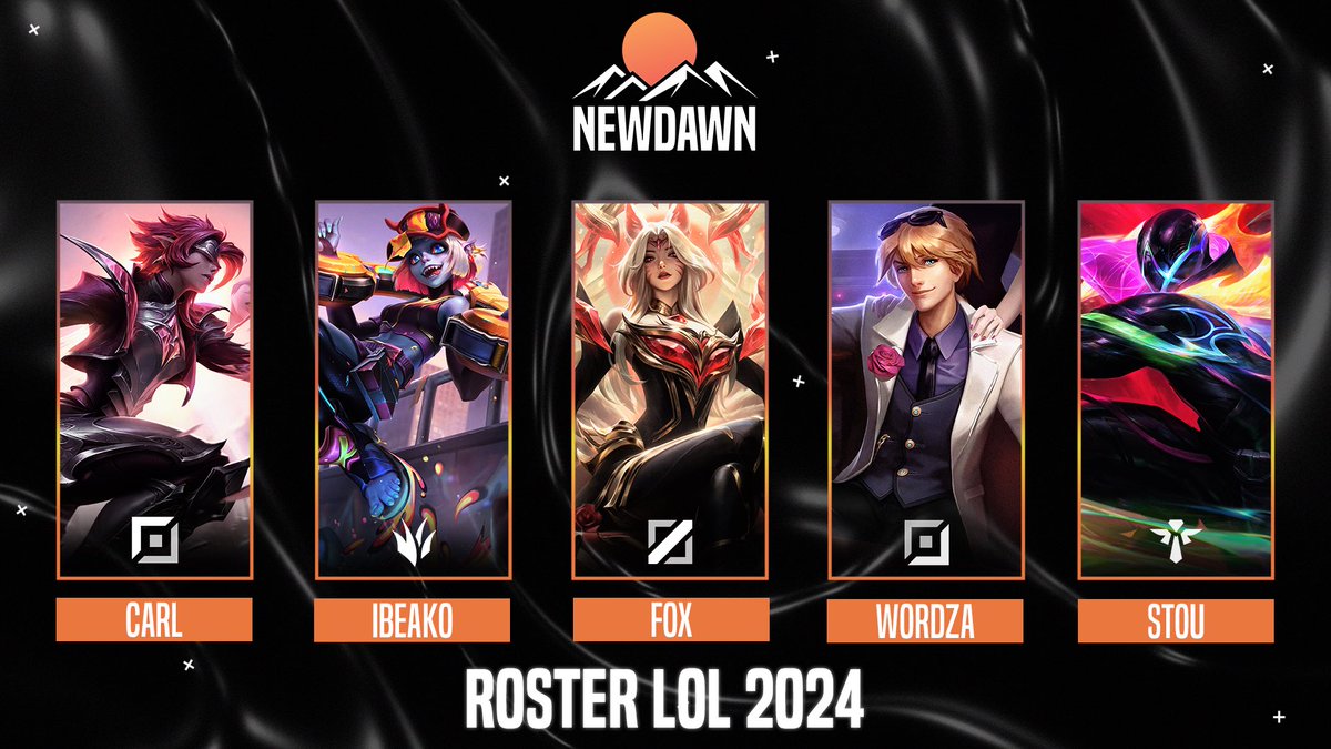 Beaucoup s’en doutaient, il était évident pour nous de prendre part dès que possible à la compétition sur #LeagueofLegends 😎

Souhaitons la bienvenue à notre 1er roster LoL : 

🟠 <a href="/CarlTresRiche/">Карл</a> 
🟠 <a href="/Beakoooo/">bao Hermine simp account🐼🇻🇳</a> 
🟠 @Fox67114 
🟠 <a href="/WordZa67/">WordZa</a> 
🟠 <a href="/Stou_69/">Stoupide</a> 

#NewDawnEsport #NDWIN 🌄