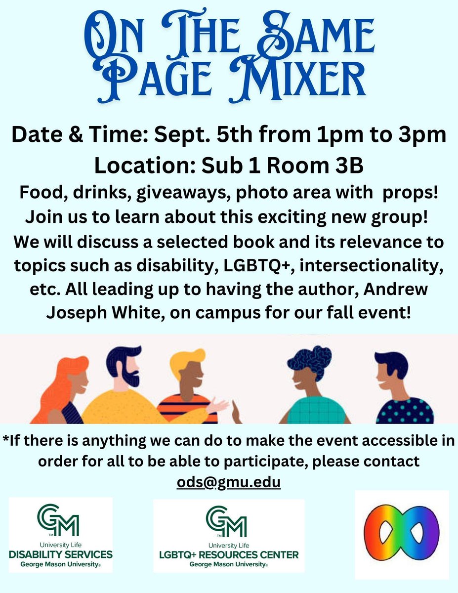 Join us as we launch our new club. This first semester we will read The Spirit Bares Its Teeth by Andrew Joseph White who will then come and do an author talk in October! Register on Mason360: buff.ly/3YXYHqq 
#Disability #LGBTQ+#Intersectionality #UniversityLife
