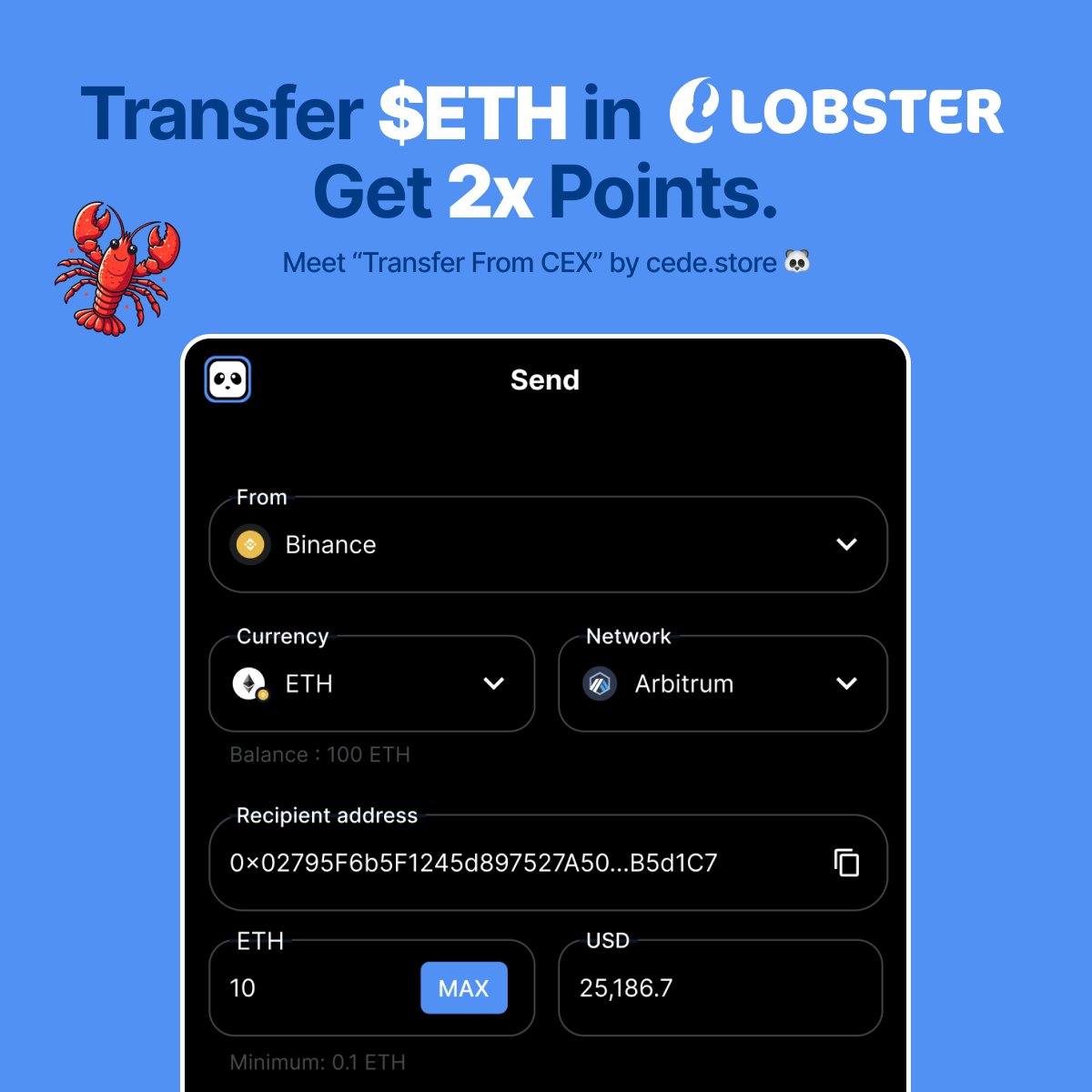 LobsterProtocol's tweet photo. 🚀 Points Boosted Special Event! 🦞

We’ve partnered with @cedelabs to bring you a 2x Lobster points boost!

Deposit on Lobster directly from a CEX using the https://t.co/bdvLwLDrli widget by September 2nd to earn extra points

Plus, get a 2x boost in the https://t.co/bdvLwLDrli point system too! 🧵👇(1/2)