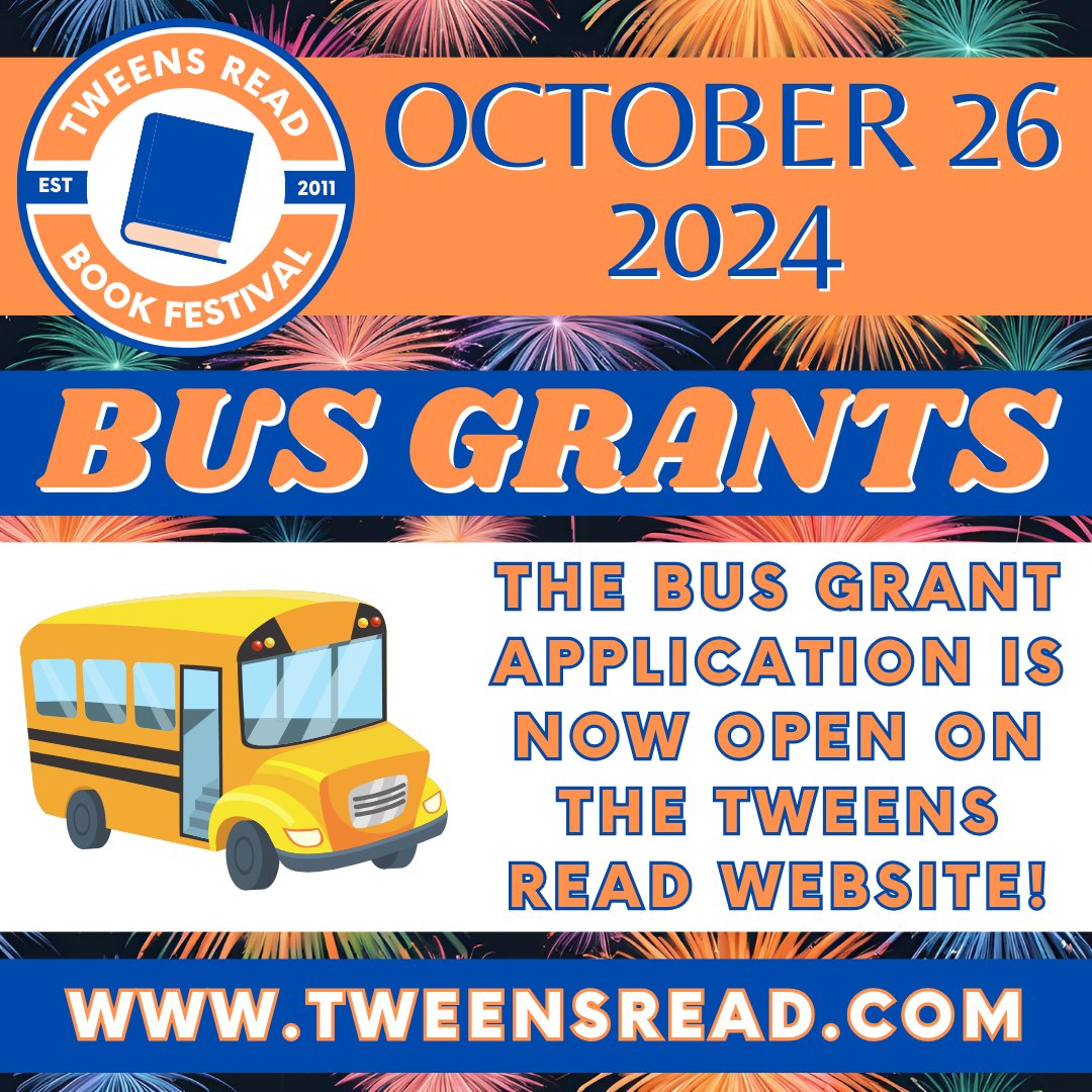 Due to generous donations, Tweens Read is able to provide bus grants to many schools. Applications for a bus grant are due Sept. 13. #TweensRead2024 forms.gle/3rqdxcSmSt2Hvt…