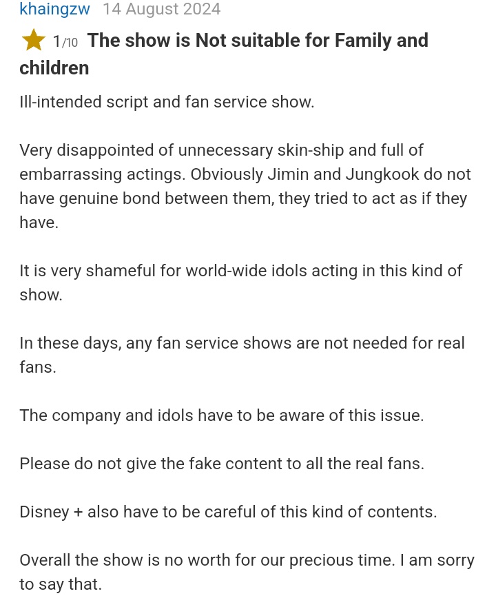 stopkookminpls's tweet image. jobless people are leaving bad reviews and comments on AYS IMDB. please take the time to sign and upvote and give a good review, jm and jk really enjoyed making this . PLEASE 

🔗m.imdb.com/title/tt328282…