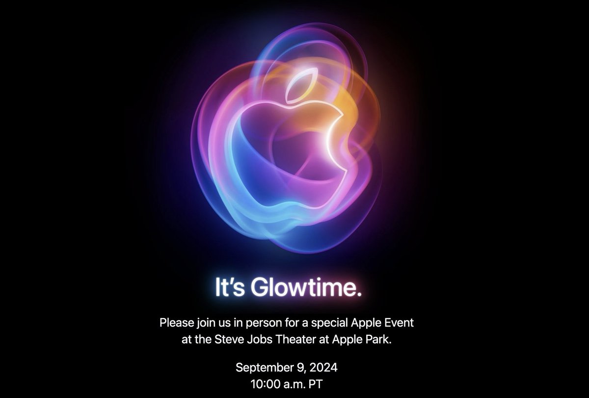 AppleEventTimer's tweet photo. Apple announces their next event:
It‘s glowtime.
September 9, 2024.
#AppleEvent https://t.co/dyXp9rddre